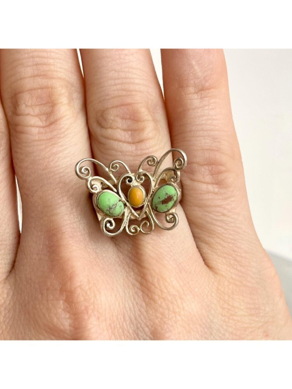 Turquoise & Coral Gemstone Butterfly Sterling Silver 925 Vintage Ring - sz 6.75 - Picture 16 of 16